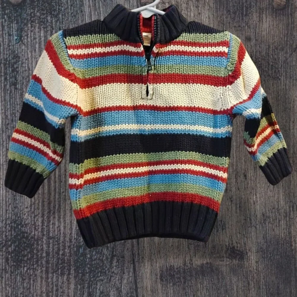 12-18m Gymboree Baby Boys Navy Blue Tan Red Green Striped Mock Neck Sweater